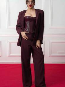 Criza Taa 2pcs Women's Minimalist Solid Color Single-Breasted Blazer And Pants Suit Set, Office/Commute,Fall,Fall Clothes For Women - Burgundy - View 9