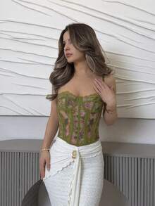 Jemour Áo Bralette ren mỏng in hoa màu xanh lá cây và hồng trơn mùa xuân/hè, Áo Bralette thanh lịch, Áo Bralette ngày lễ bãi biển, Áo Cami thanh lịch gợi cảm, Áo Bralette dành cho nữ - màu xanh lá - Xem 3