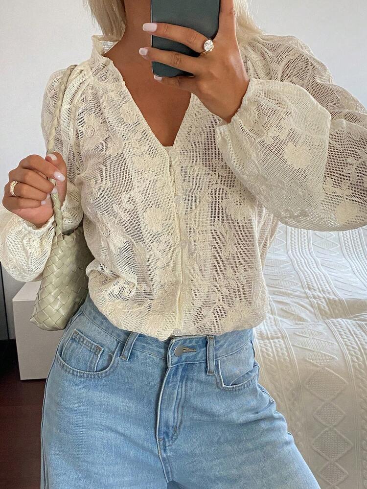 Women's Solid Color Textured Jacquard Hollow Out Ruched Floral Trim Loose Casual Summer Blouse