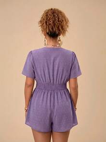 Travachic Plus-Size Jacquard Front Waist Hollowed-Out Tie Rompers - Purple - View 2