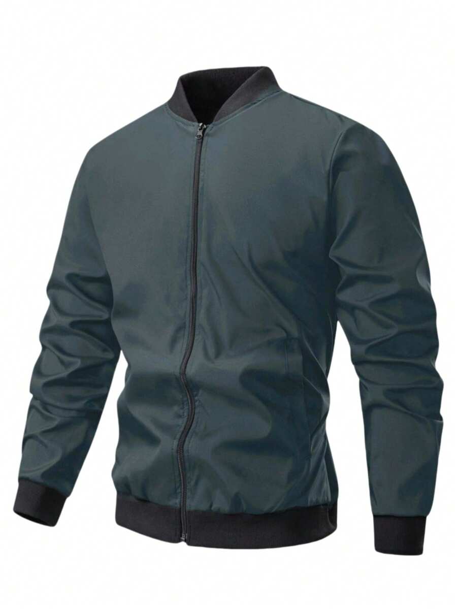 Manfinity Homme Men's Solid Color Zip Pocket Casual Long Sleeve Jacket - Grey - View 1