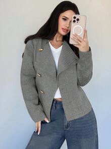 Firerie 女款灰色優雅辦公秋季雙面大衣，斜襟金屬鈕扣收腰長袖都市時尚街頭風工作夾克 - 黑與白 - 查看 6