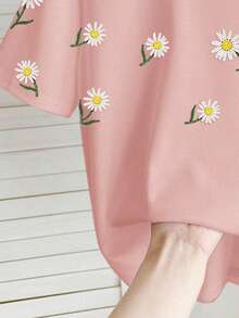 SHEIN Pink Elegant Beaded Daisy Floral Pattern Tween Girls Casual Minimalist Fitted Short Sleeve Round Neck T-Shirt, Suitable For Spring/Summer Daily Wear, Street Style, Outings, Vacation, Homecoming, Back To School - Multicolor - View 5
