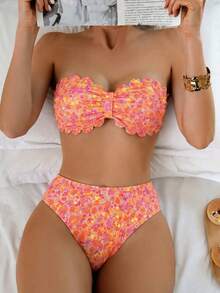 Swim Mod 女士泳衣，少女款，镂空花边，心形领口，甜美可爱，碎花图案，罗纹面料 - 彩色 - 查看 1
