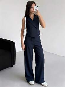 SHEIN 少女V领无袖背心和裤子套装，休闲舒适 - 藏蓝色 - 查看 4