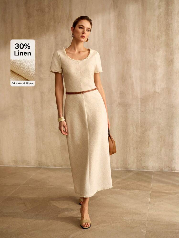 WOMEN'S LINEN BLEND STRUCTURED MID-LENGTH DRESS