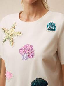 Anewsta Plus Size Women Summer Vacation White Ocean Sequin Embroidery T-Shirt - White - View 1