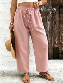 SHEIN VCAY 大码女式纯色荷叶边腰带阔腿宽松裤 - 粉色 - 查看 4