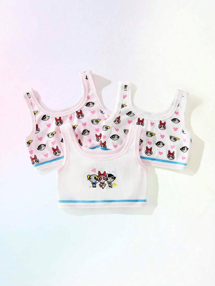 THE POWERPUFF GIRLS X SHEIN Maija Kids Young Girl Spring/Summer 3 PiecesCoordinated Colorblock Print Tank Top - Multicolor - View 1