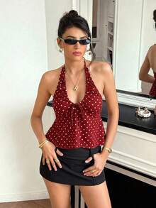 SHEIN Raffinéa Women's Spring/Summer New White Halter Neck Bowknot Drawstring Deep V-Neck A-Line Elegant Sexy Elegant Camisole Golf - Burgundy - View 3