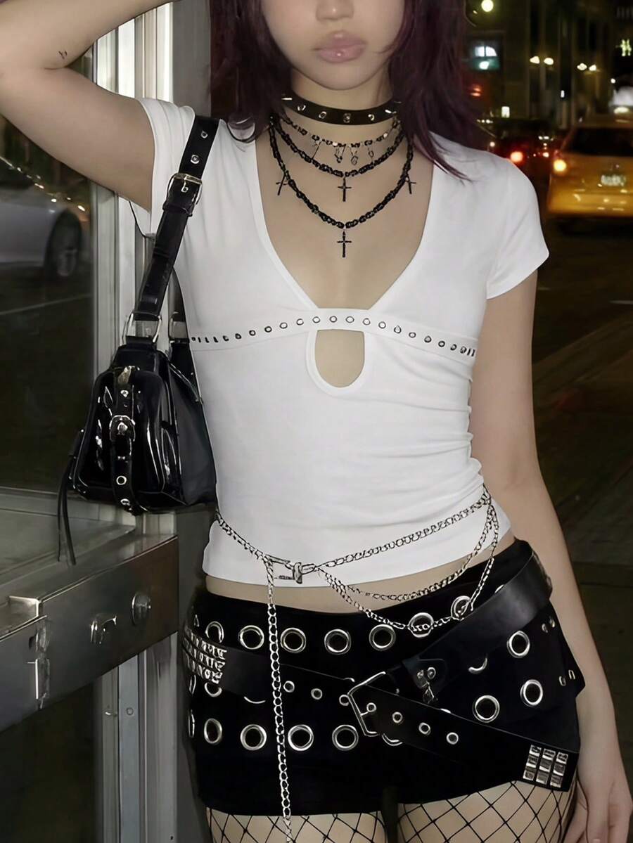 EgrlEra Camiseta ajustada con detalles de remaches y calados sexy para mujer - Blanco - Ver 1