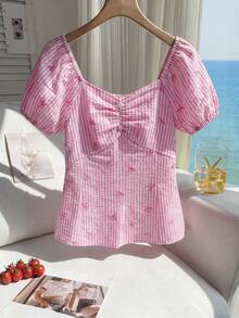 SHEIN Áo thun dệt kim ngắn tay dáng ôm, cổ bèo, chữ U, cài cúc, dành cho bé gái tuổi teen, kiểu dáng thường ngày, đa năng, dễ phối đồ, họa tiết chấm bi. - Hồng - Xem 4