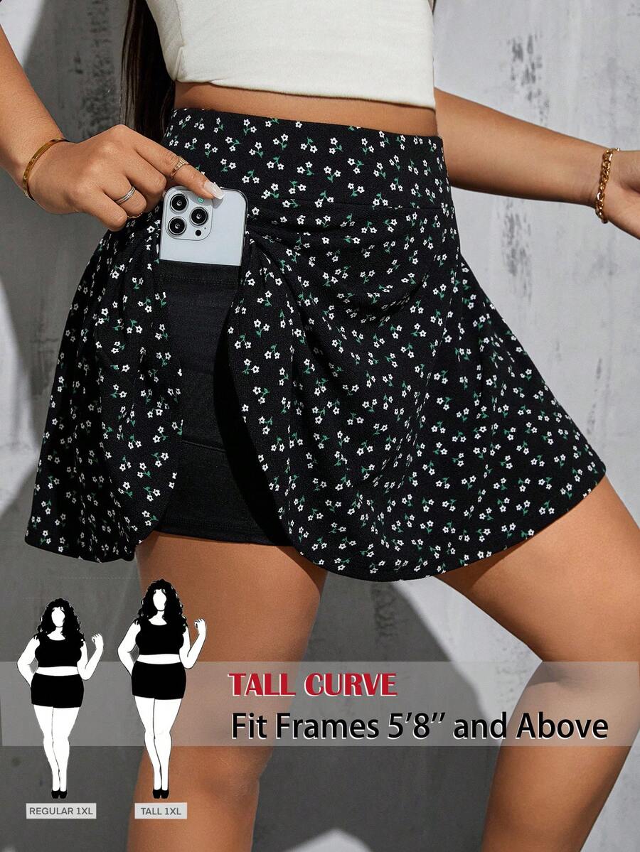 SHEIN Tall CURVE 大码女式夏季波西米亚风印花短裙,带口袋,适合度假 - 黑色 - 查看 1