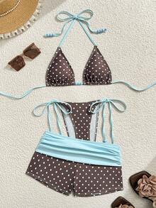 SHEIN Swim Vcay Bộ đồ bơi 3 mảnh nữ in chấm bi, kiểu dáng tam giác nhỏ, buộc dây bên hông, xếp ly, thích hợp cho tiệc trà chiều mùa hè trên bãi biển. - Nhiều màu - Xem 6