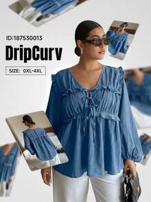 Dripcurv 大码女式黑色V领休闲灯笼袖上衣，宽松日常度假风格，适合新年和情人节穿着。 - 霧霾藍 - 查看 8