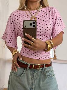 SHEIN EZwear Women's Contrast Polka Dot Print Short Sleeve Top - Pink - View 2