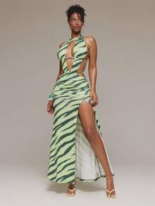 MUSERA 斑马纹修身高领镂空长裙，春夏伊比沙岛音乐节度假可爱性感Y2K夜店热带诱惑 - 綠色 - 查看 3