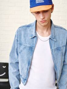 Zalmeno 男士浅蓝色落肩长袖短款休闲牛仔夹克 - 淺色水洗藍 - 查看 6