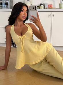 ZzzCrew Solid Color Front Tie Halter Top And Lounge Pants Set - Yellow - View 6