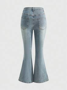 ROMWE Grunge Punk Plus Size Y2K Rhinestone Distressed Skull & Cross Flare Jeans - Blue - View 2