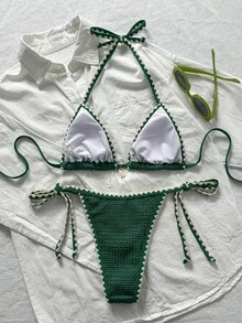 Swim Mod 女士夏季纯色提花面料荷叶边系带两件式比基尼套装 Zestiva泳装比基尼套装 女士Yummy Control泳衣 钩针编织泳衣 女士比基尼 Alt比基尼套装 女士比基尼套装 泳装 沙滩日光浴比基尼套装 女士假日绿色泳衣 - 綠色 - 查看 3