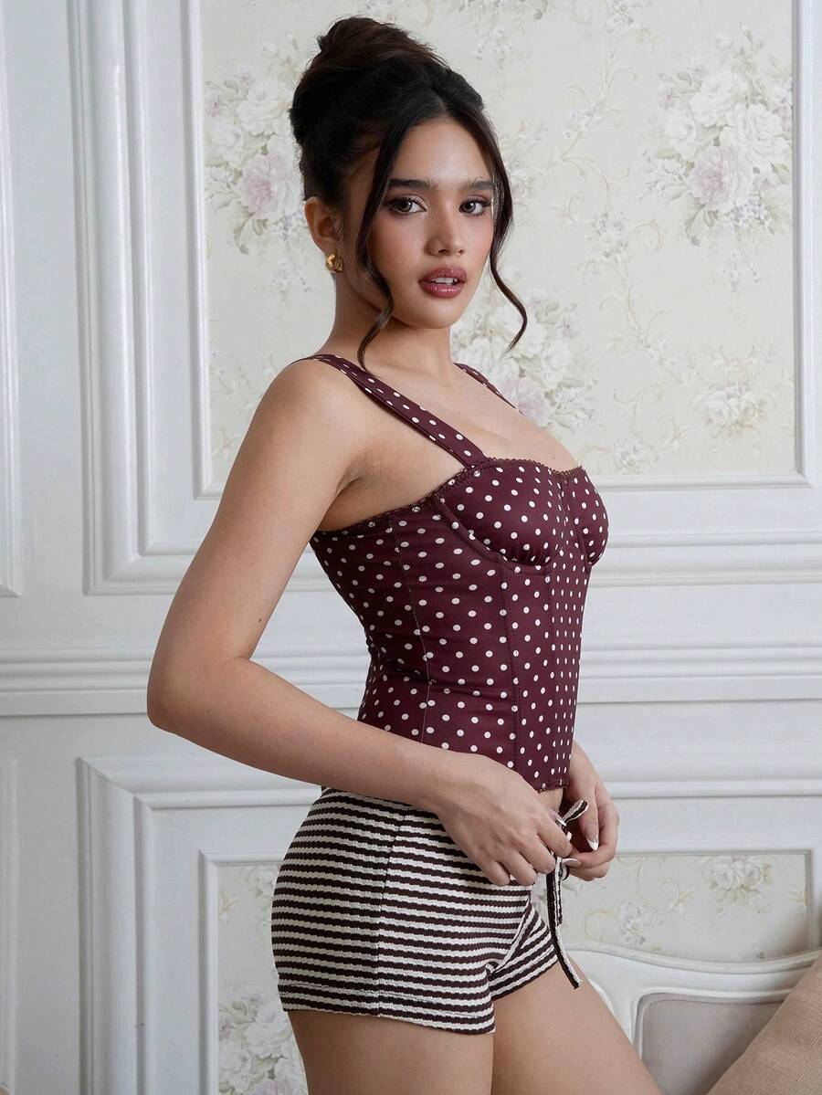 Criza Taa Quần short buộc dây họa tiết sọc tương phản dành cho nữ - màu nâu - Xem 1