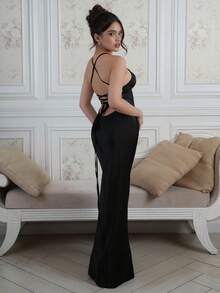 Criza Taa 杏色和白色深 V 领细肩带超长露背系带缎面美人鱼连衣裙、优雅连衣裙、度假连衣裙、伴娘连衣裙、生日派对连衣裙、返校/毕业礼服、白色连衣裙 - 黑色 - 查看 5