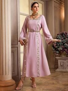 Al Najma Robe de style arabe élégante avec décoration de ruban pailleté pour femmes - Vieux Rose - Voir 6