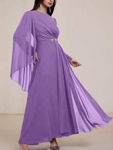 Graceveil Women's Solid Color Round Neck Long Sleeve Spliced Mesh Elegant Dress Modest Official Deep Purple Autumn - Purple - View 6