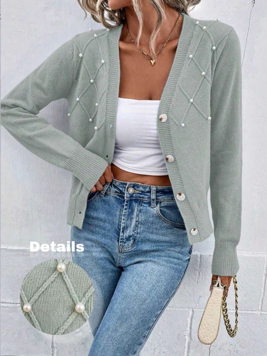 EMERY ROSE Women's Solid Color Pearl Decorated Cardigan