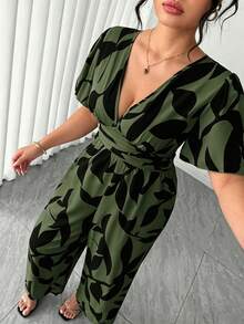 SHEIN Elenzya 优雅叶子花卉图案阔腿喇叭袖宽松大码连体裤（女款） - 軍綠色 - 查看 3