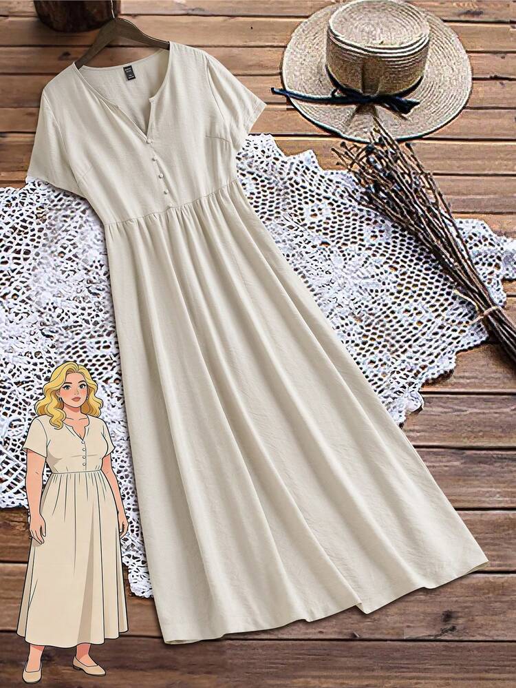 Plus Size Women V-Neck Short Sleeve Casual Khaki Dress,Vacation Outfits Woman