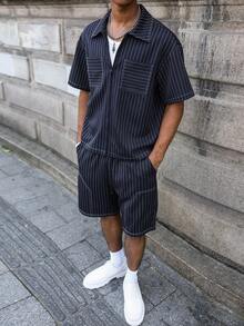 Manfinity EMRG Bộ trang phục nam gồm áo sơ mi kẻ sọc, phù hợp cho việc đi làm hàng ngày và dạo chơi. - Màu xanh hải quân - Xem 4