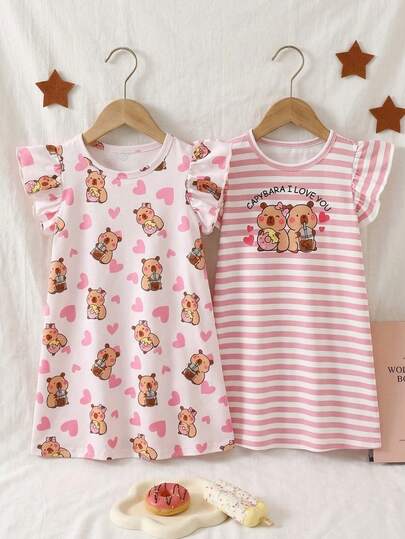 Bộ đồ ngủ tay ngắn 2 mảnh in hình hoạt hình nhiều màu sắc cho bé gái mùa hè: chuột lang nước, bánh donut, trà sữa trân châu, cà phê và trái tim.