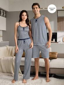 CoupledUp Conjunto de pijama casual sin mangas con estampado de color a contraste a rayas para hombres de talla grande - Azul - Ver 10