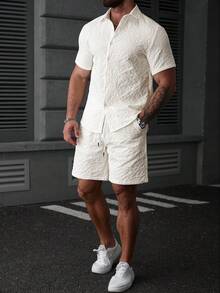 VENTUSAIL Men's Jacquard Single-Breasted Short Sleeve Shirt And Shorts Set - Beige - View 5