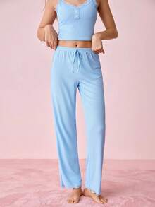Chi tiết nút trang trí ren Nút thắt Bộ PJ phía trước / Bộ Pajama - Màu xanh nhạt - Xem 11