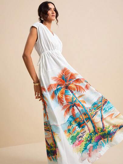 LOTSLUV Đầm dài in họa tiết cây dừa trên nền trắng dành cho nữ, cổ chữ V, không tay, cổ nhún, eo có dây rút, thích hợp cho kỳ nghỉ xuân/hè.