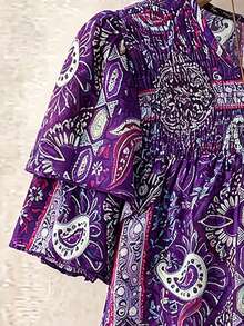 SHEIN LUNE CURVE Áo kiểu nữ cỡ lớn, màu trơn, cổ tròn, tay hai lớp, ngắn, kiểu dáng thường ngày, xếp ly, thời trang, đa năng, thích hợp cho kỳ nghỉ hè. - Màu tím - Xem 3