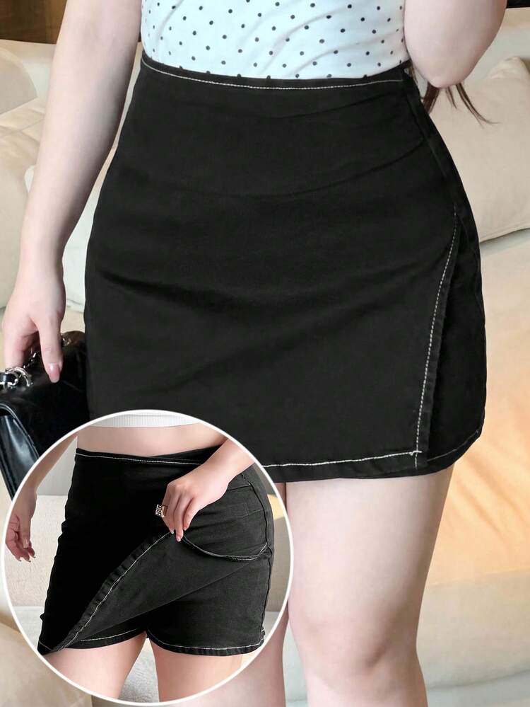 Dazy Plus Stretchy Bodycon Side Slit Denim Mini Skirt, Sexy & Versatile, Plus Size, Spring/Summer