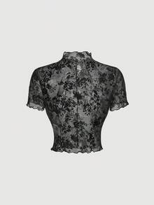 SHEIN MOD Áo thun ngắn tay cổ cao in họa tiết nhung - màu đen - Xem 3
