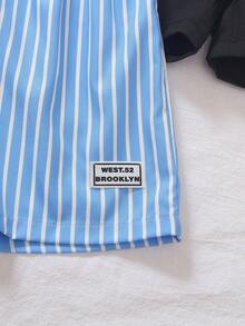 2pcs Young Boy Fashionable Striped + Solid Color Drawstring Elastic Waist Sports Shorts Set, Suitable For Casual Daily Wear, Spring/Summer Outings, Park, Beach, Vacation, Party, Back To School - Multicolor - View 7