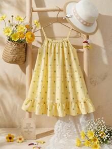 SHEIN Đầm hai dây bằng vải dệt họa tiết kẻ caro chanh in kỹ thuật số dành cho bé gái, phối nhiều màu sắc, thích hợp mặc hàng ngày vào mùa hè, đi chơi, du lịch, nghỉ mát và các buổi tụ họp. - Màu vàng - Xem 2