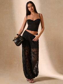 SHEIN BAE Sheer Lace Lantern Pants, Elegant Ankle-Length Trousers For Women, Suitable Outings, Brunch, Summer, Weddings Beach Rave, Vacations,-Black Floral Wide - Black - View 3