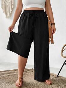SHEIN CURVE+ Curve 尺码 US22 音乐节、海滨度假、波西米亚风女士新款春夏商务休闲沙滩裤，适合情人节、通勤等场合，优雅紫色莲藕粉色阔腿裤，带口袋。沙滩度假、薰衣草色、大学生、情人节、邮轮等场合，女士夏季宽松裤。 - 黑色 - 查看 3