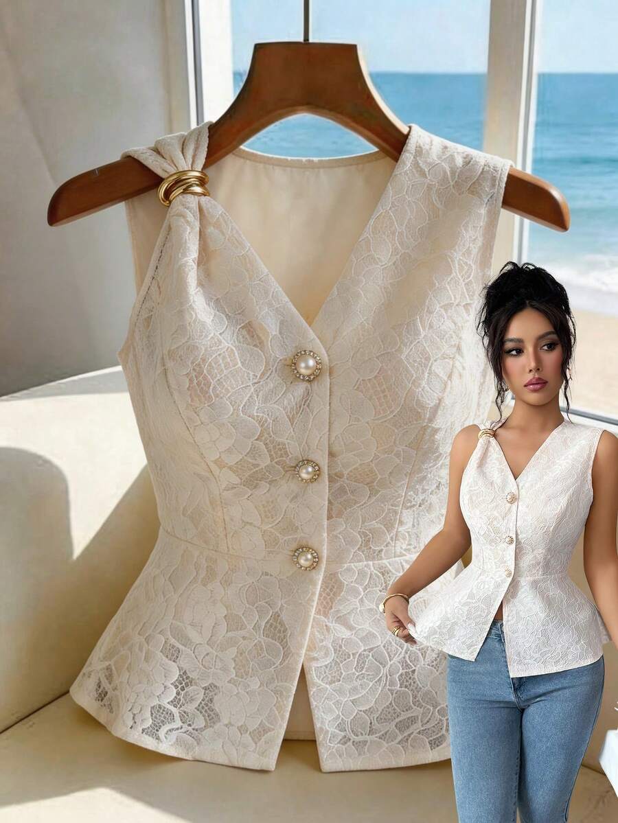 Elenzga Elegant Cream White Summer Lace V-Neck Sleeveless Waist Cinched Mermaid Hem Dress,Metal Pearl Decor,Tea Party,Wedding,Formal Dinner,Commute,Vacation - White - View 1