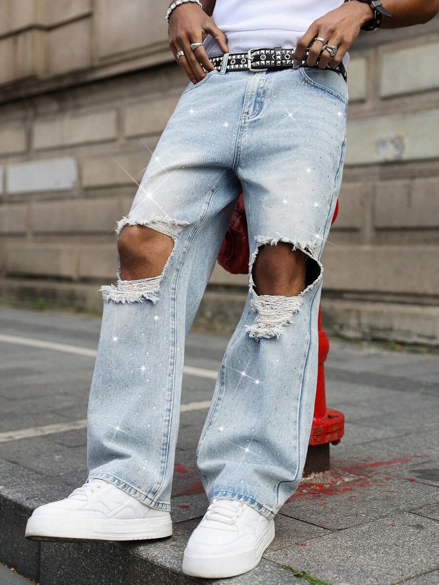 Manfinity EMRG Herrjeans med raka ben och slitna detaljer, streetwear-look - Ljustvätt - Visa 1