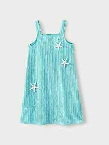 SHEIN Casuvi Kids Casuvi 女童休闲针织提花吊带连衣裙，宽松 A 字廓形，花卉装饰，适合春夏日常穿着。 - 薄荷藍 - 查看 4