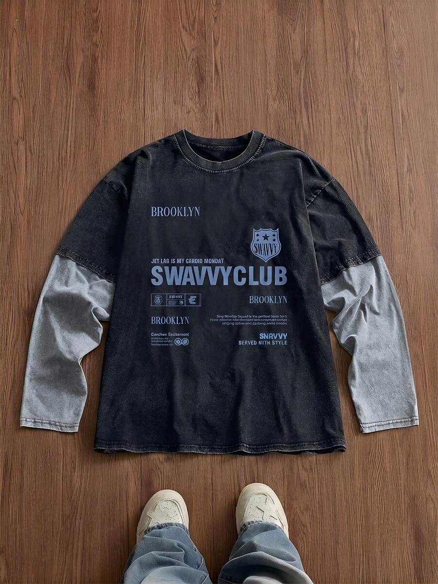 SWAVVY Men's Standard Size Spring/Autumn Casual Long Sleeve T-Shirt, Black Color Block & Print, Round Neck - Black - View 1