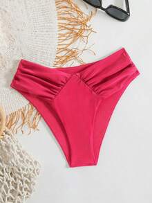 Swim Basics Bottom de bikini con fruncidos de color liso y escote en V para mujer, ropa de baño de verano - Rosado Sandía - Ver 4